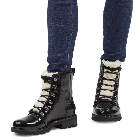 Sorel Shoes - 🤑SOLD🤑Sorel Lennox Shearling-Trimmed Patent Leather Combat Boots